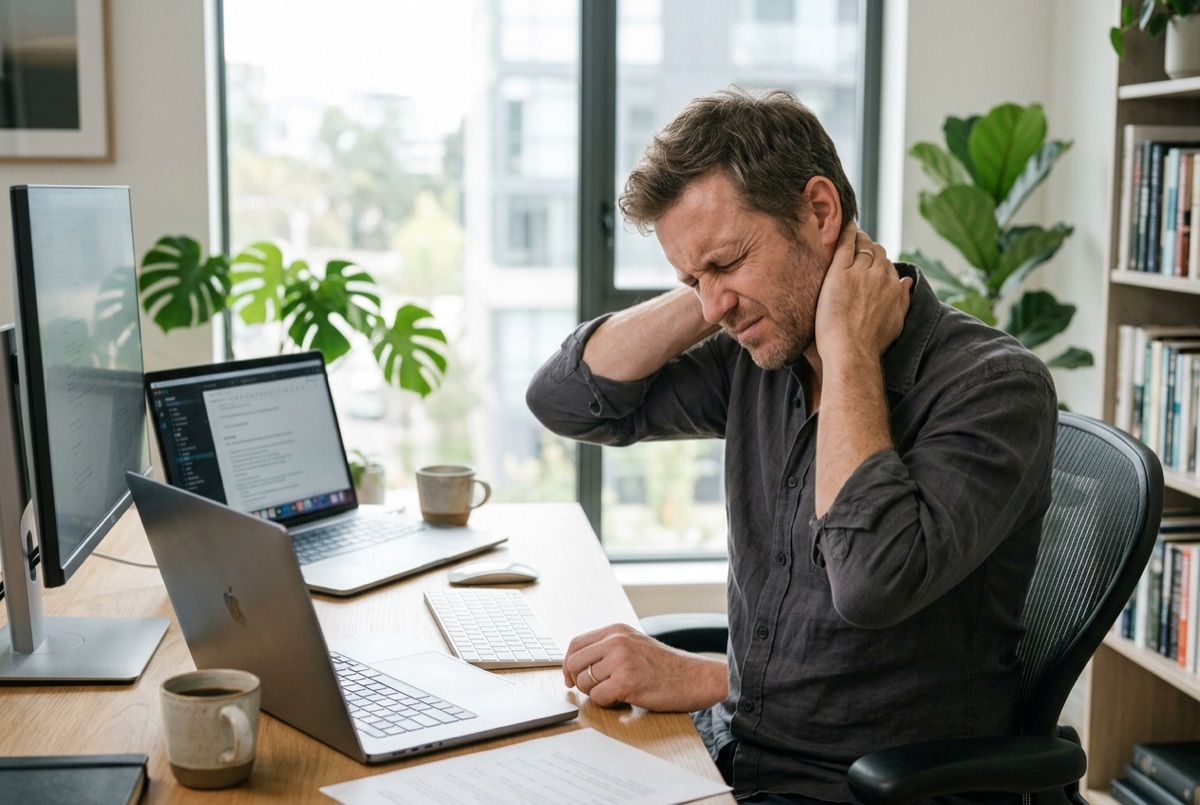 Man at a desk holding the base of his skull