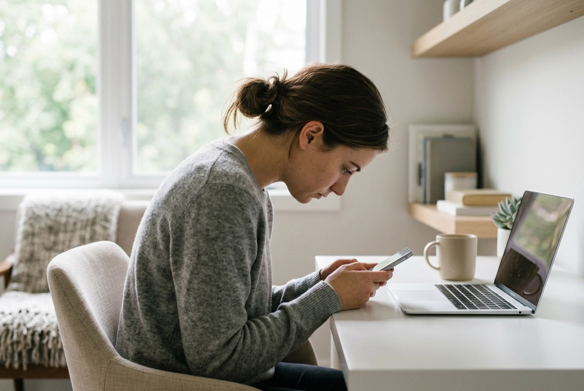 Woman hunched over her phone at a desk