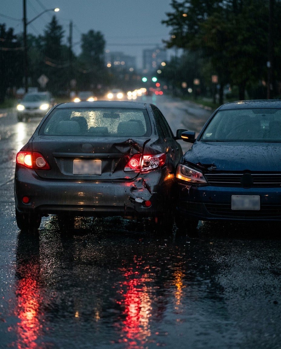 Rear-end car accident on a wet road