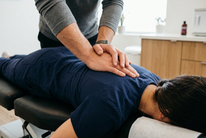 Chiropractor performing a gentle spinal adjustment on a patient