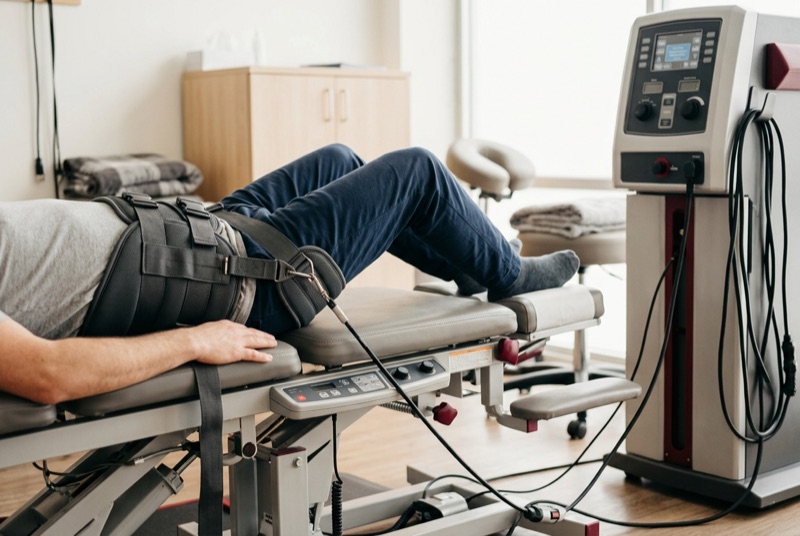 Patient receiving non-surgical spinal decompression therapy on a traction table