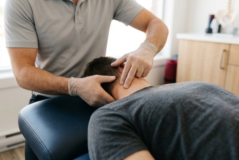 Chiropractor examining an auto accident patient's neck and cervical spine