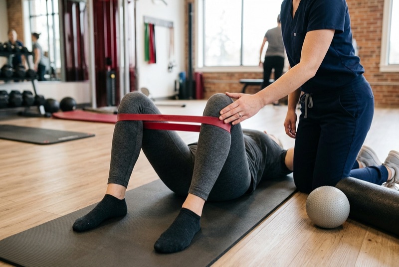 Patient doing guided rehabilitation exercises with a resistance band