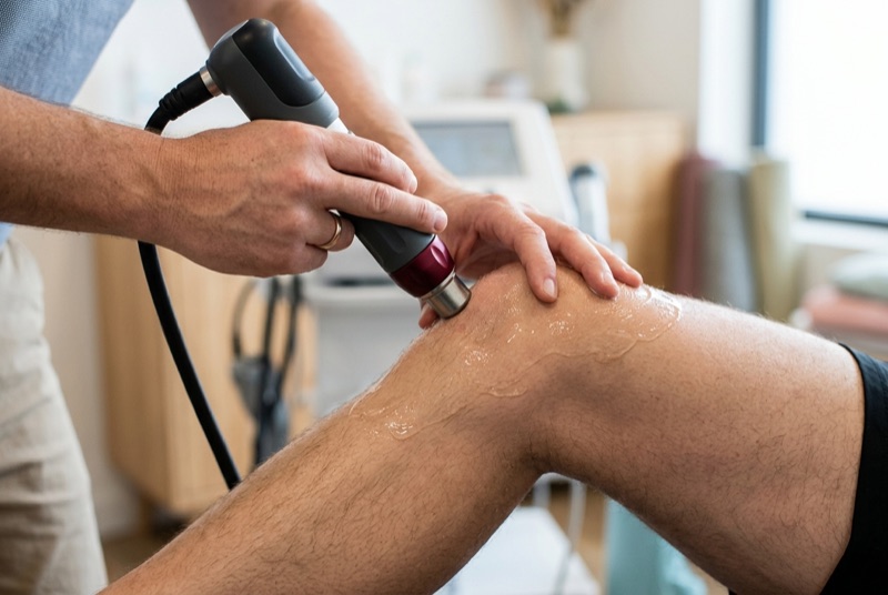 Clinician applying a shockwave therapy handpiece to a patient's knee